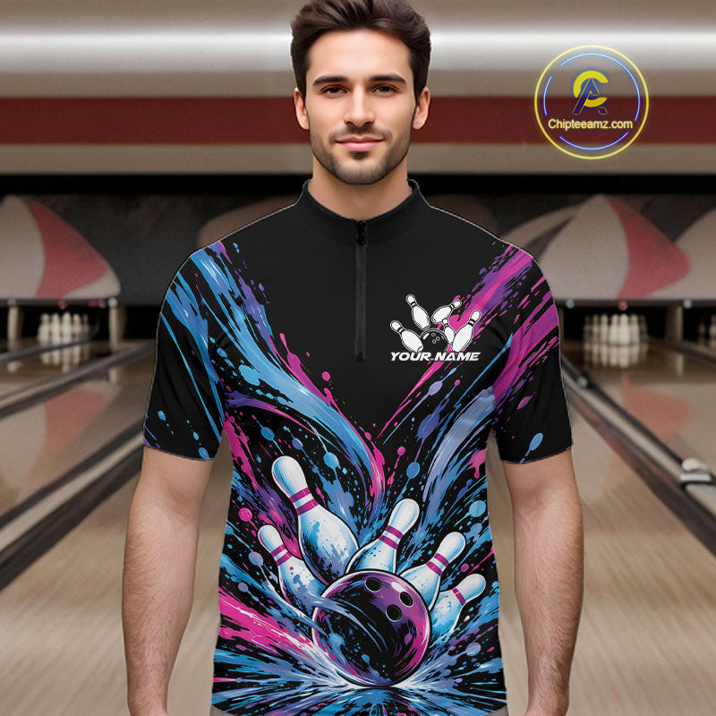 Custom Blue Purple Pink Splatter Men Quarter Zip Bowling Shirt, Bowling Matching Team Shirt IPHW12399