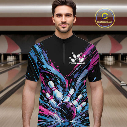 Custom Blue Purple Pink Splatter Men Quarter Zip Bowling Shirt, Bowling Matching Team Shirt IPHW12399