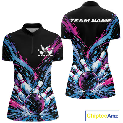 Custom Blue Purple Pink Splatter Women Quarter-Zip Bowling Shirt, Matching Team Shirt IPHW12399