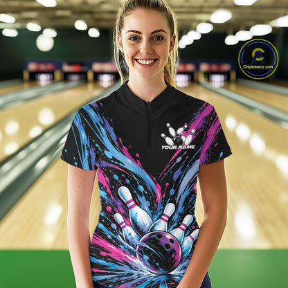 Custom Blue Purple Pink Splatter Women Quarter-Zip Bowling Shirt, Matching Team Shirt IPHW12399