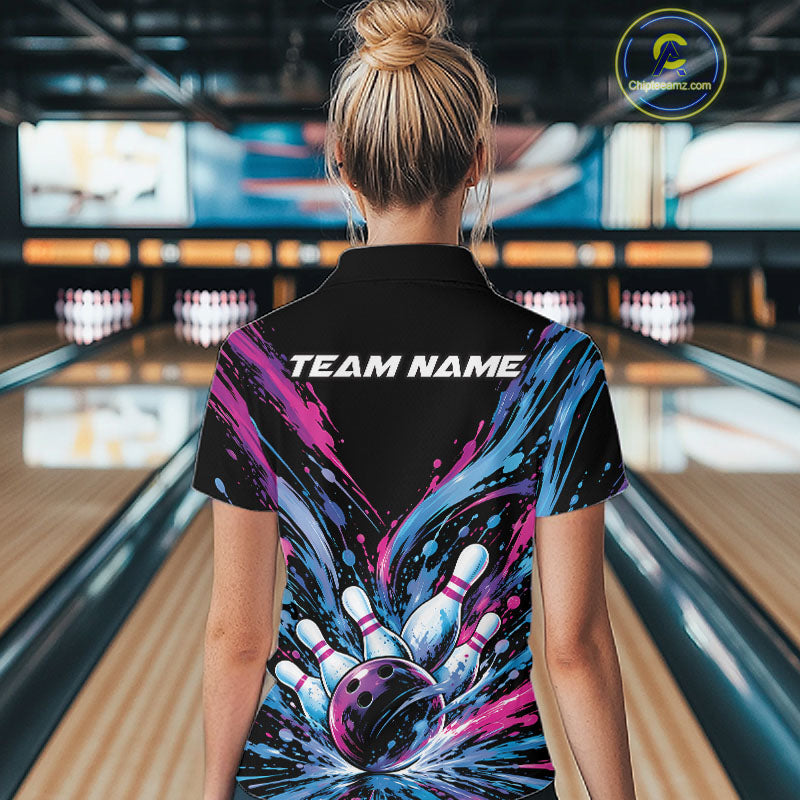 Custom Blue Purple Pink Splatter Women Quarter-Zip Bowling Shirt, Matching Team Shirt IPHW12399