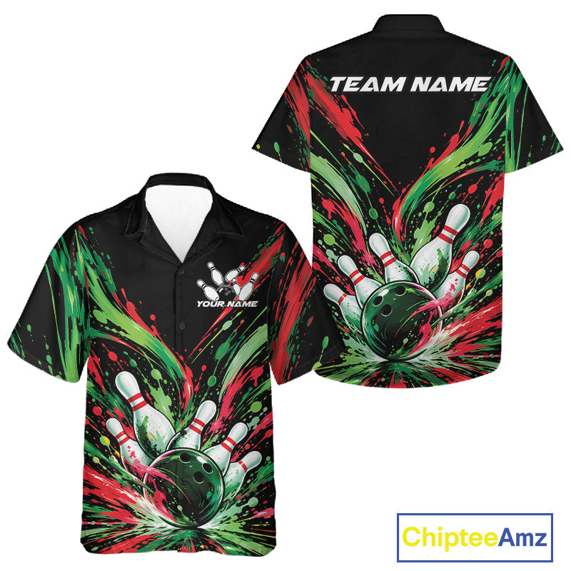 Custom Green And Red Splatter Men And Women Button Up Bowling Shirt, Bowling Matching Team Shirt IPHW12400