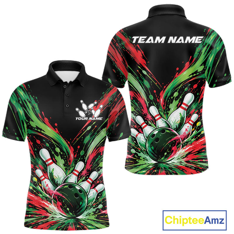 Custom Green And Red Splatter Men Polo Bowling Shirt, Bowling Matching Team Shirt IPHW12400