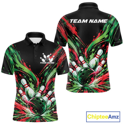 Custom Green And Red Splatter Men Polo Bowling Shirt, Bowling Matching Team Shirt IPHW12400