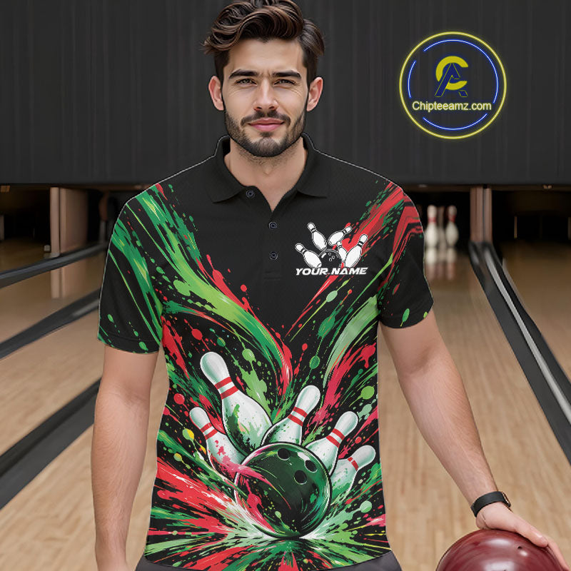 Custom Green And Red Splatter Men Polo Bowling Shirt, Bowling Matching Team Shirt IPHW12400