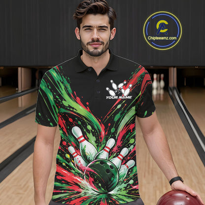 Custom Green And Red Splatter Men Polo Bowling Shirt, Bowling Matching Team Shirt IPHW12400
