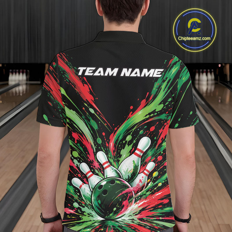 Custom Green And Red Splatter Men Polo Bowling Shirt, Bowling Matching Team Shirt IPHW12400