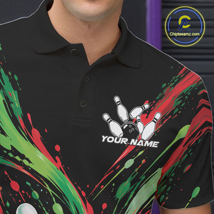 Custom Green And Red Splatter Men Polo Bowling Shirt, Bowling Matching Team Shirt IPHW12400