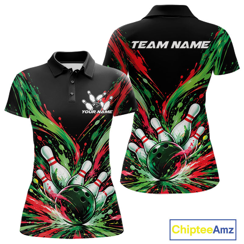 Custom Green And Red Splatter Women Polo Bowling Shirt, Bowling Matching Team Shirt IPHW12400
