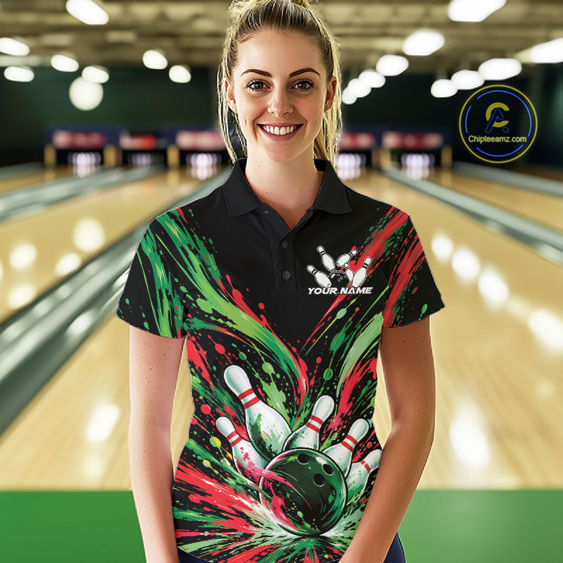 Custom Green And Red Splatter Women Polo Bowling Shirt, Bowling Matching Team Shirt IPHW12400