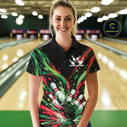 Custom Green And Red Splatter Women Polo Bowling Shirt, Bowling Matching Team Shirt IPHW12400