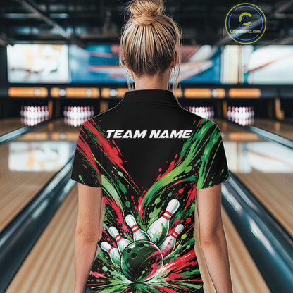 Custom Green And Red Splatter Women Polo Bowling Shirt, Bowling Matching Team Shirt IPHW12400