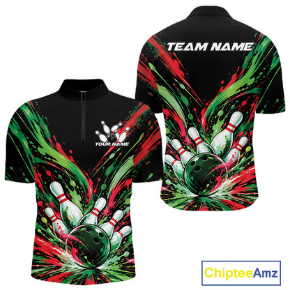 Custom Green And Red Splatter Men Quarter Zip Bowling Shirt, Bowling Matching Team Shirt IPHW12400