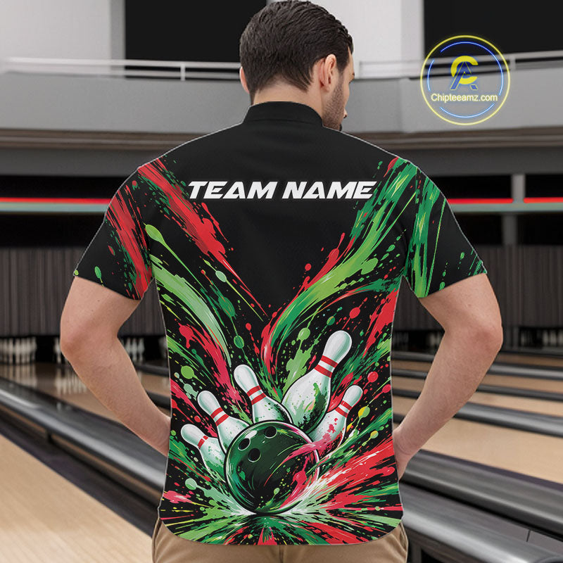 Custom Green And Red Splatter Men Quarter Zip Bowling Shirt, Bowling Matching Team Shirt IPHW12400