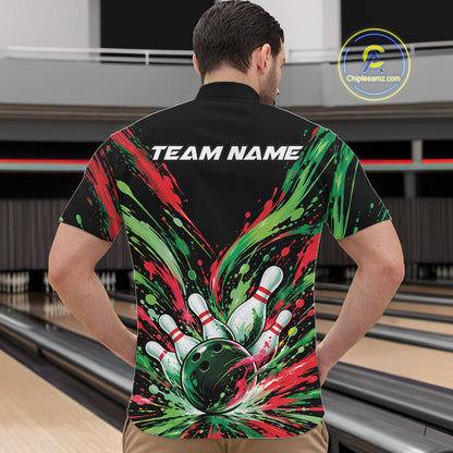 Custom Green And Red Splatter Men Quarter Zip Bowling Shirt, Bowling Matching Team Shirt IPHW12400