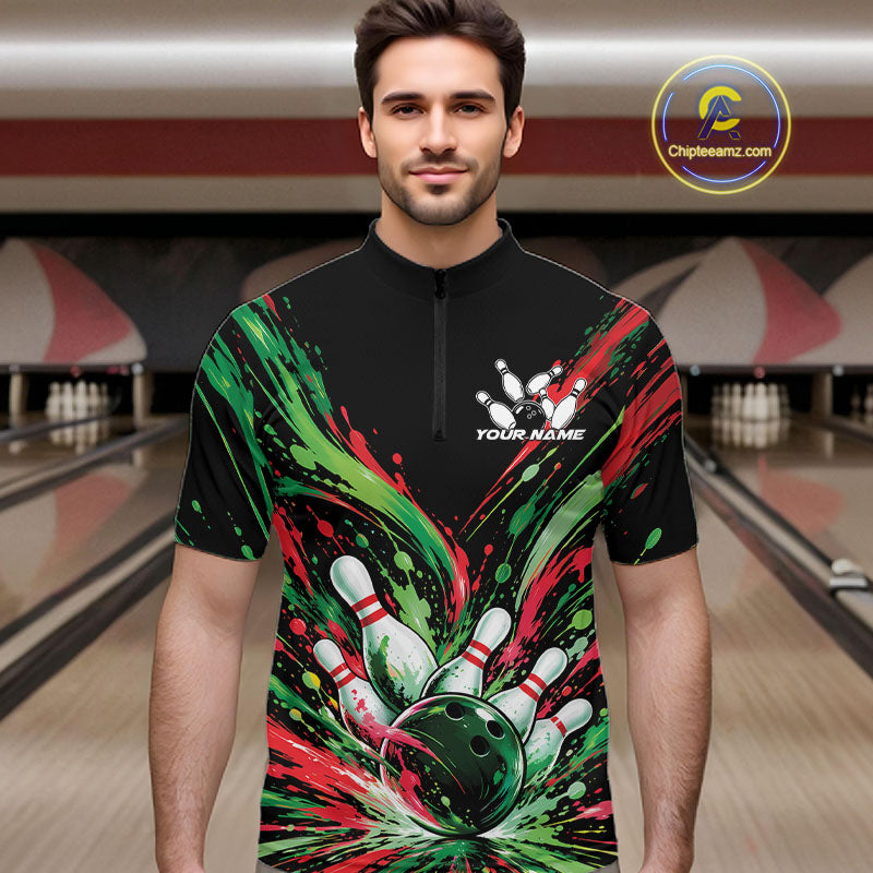 Custom Green And Red Splatter Men Quarter Zip Bowling Shirt, Bowling Matching Team Shirt IPHW12400