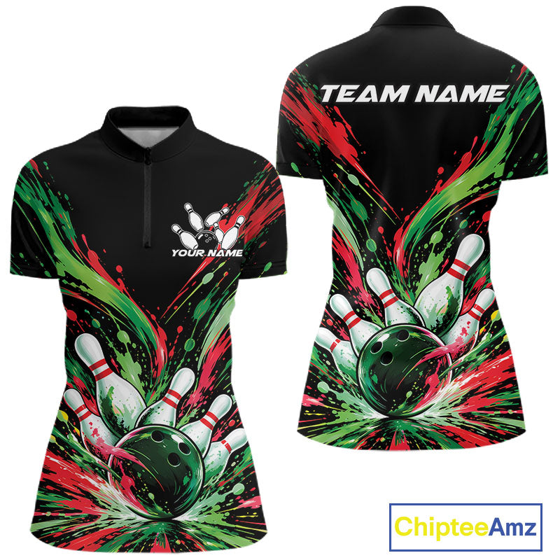 Custom Green And Red Splatter Women Quarter-Zip Bowling Shirt, Matching Team Shirt IPHW12400