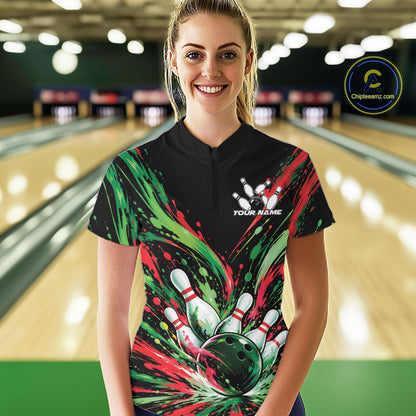 Custom Green And Red Splatter Women Quarter-Zip Bowling Shirt, Matching Team Shirt IPHW12400