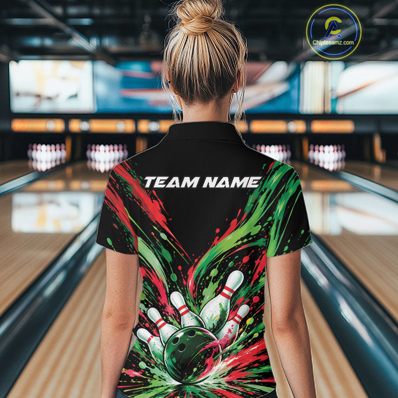 Custom Green And Red Splatter Women Quarter-Zip Bowling Shirt, Matching Team Shirt IPHW12400