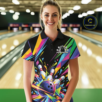 Custom Colorful Bowling Team Polo Shirt For Women, Bowling Tournament Jersey Bowler Gift IPHW12403