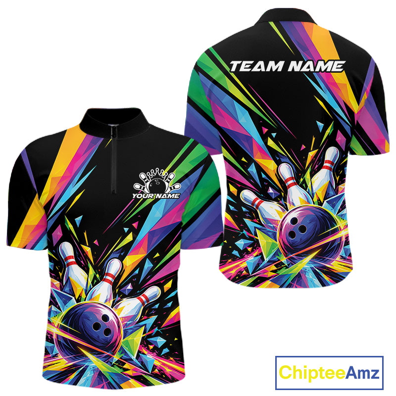 Custom Colorful Bowling Team Quarter Zip Shirt For Men, Bowling Tournament Jersey Bowler Gift IPHW12403