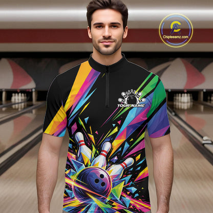 Custom Colorful Bowling Team Quarter Zip Shirt For Men, Bowling Tournament Jersey Bowler Gift IPHW12403