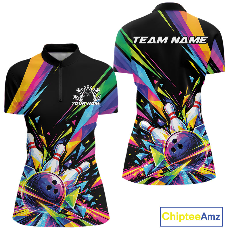 Custom Colorful Bowling Team Quarter-Zip Shirt For Women, Bowling Jersey Bowler Gift IPHW12403