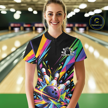 Custom Colorful Bowling Team Quarter-Zip Shirt For Women, Bowling Jersey Bowler Gift IPHW12403