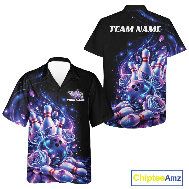 Neon Cosmic Bowling And Roses Custom Button Up Shirt For Men And Women, Bowling League Team Jersey IPHW12858
