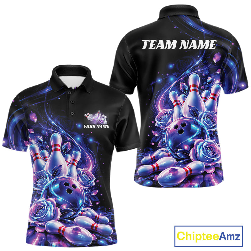 Neon Cosmic Bowling And Roses Custom Polo Shirt For Men, Bowling League Team Jersey IPHW12858