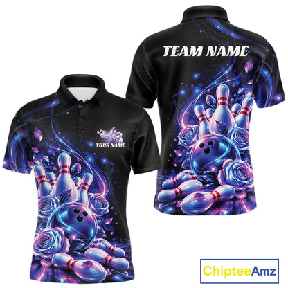 Neon Cosmic Bowling And Roses Custom Polo Shirt For Men, Bowling League Team Jersey IPHW12858