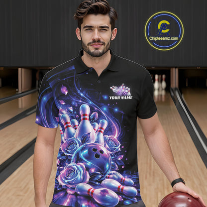 Neon Cosmic Bowling And Roses Custom Polo Shirt For Men, Bowling League Team Jersey IPHW12858