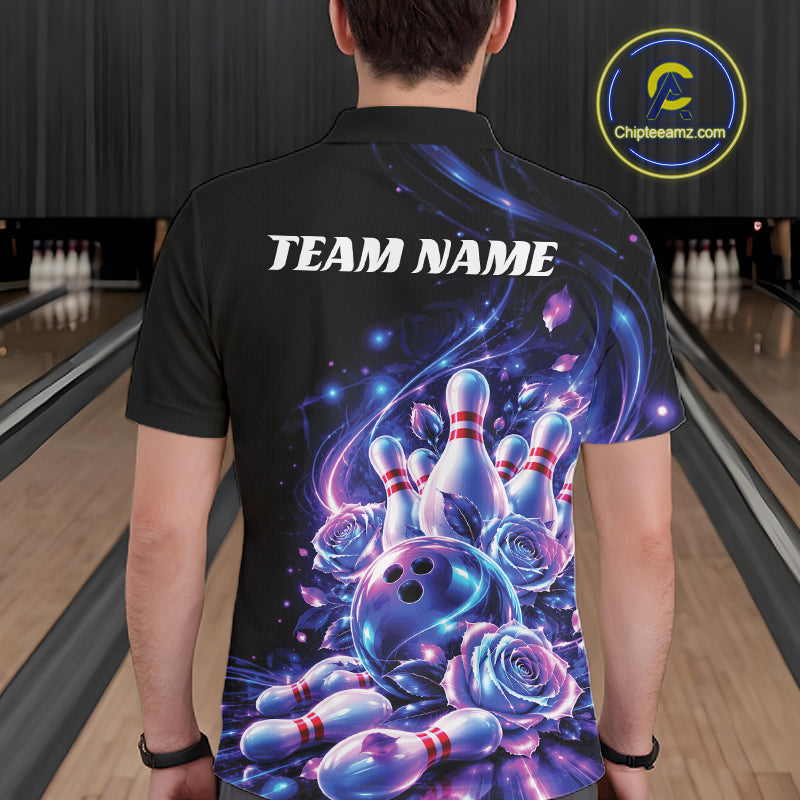 Neon Cosmic Bowling And Roses Custom Polo Shirt For Men, Bowling League Team Jersey IPHW12858