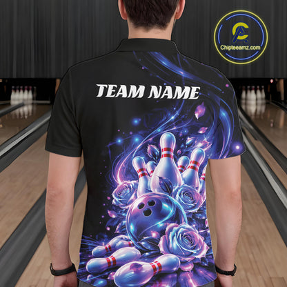 Neon Cosmic Bowling And Roses Custom Polo Shirt For Men, Bowling League Team Jersey IPHW12858