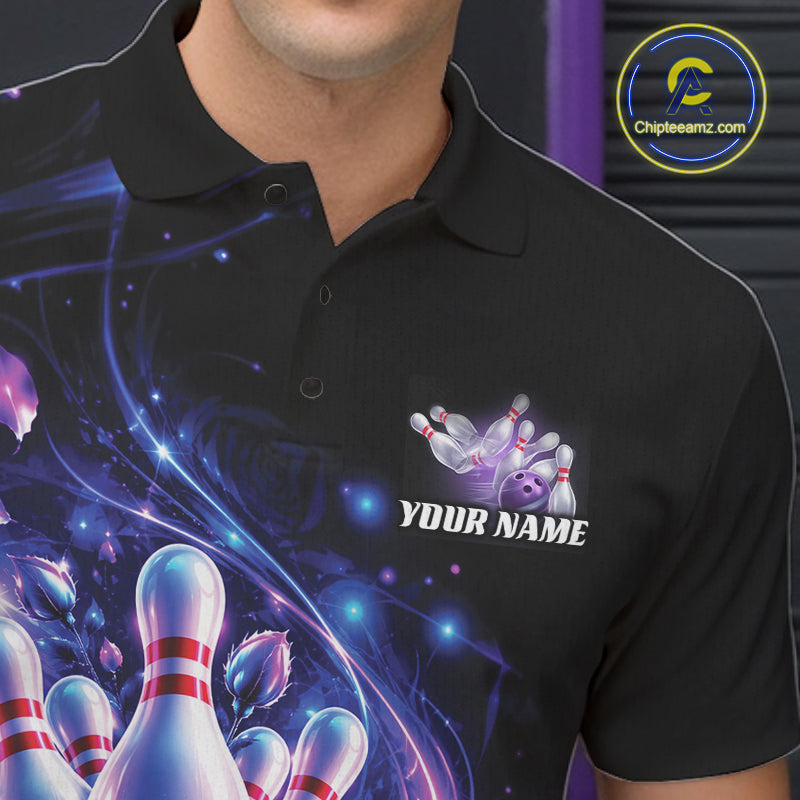 Neon Cosmic Bowling And Roses Custom Polo Shirt For Men, Bowling League Team Jersey IPHW12858
