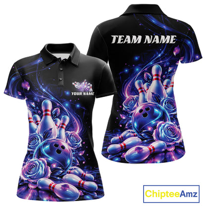 Neon Cosmic Bowling And Roses Custom Polo Shirt For Women, Bowling League Team Jersey IPHW12858