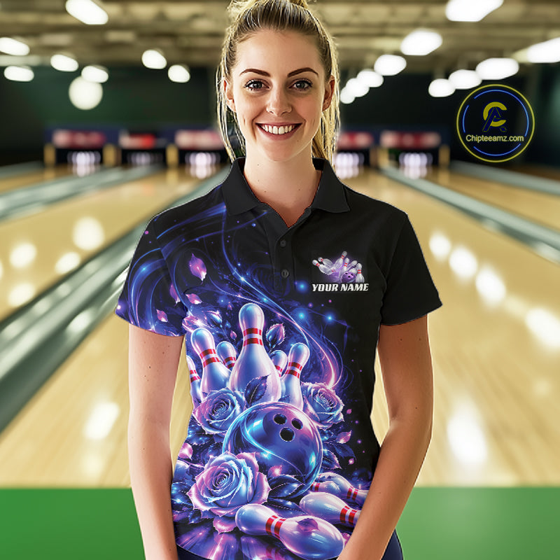 Neon Cosmic Bowling And Roses Custom Polo Shirt For Women, Bowling League Team Jersey IPHW12858