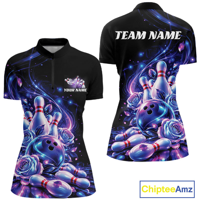 Neon Cosmic Bowling And Roses Custom Women Quarter-Zip Shirt, Bowling League Team Jersey IPHW12858