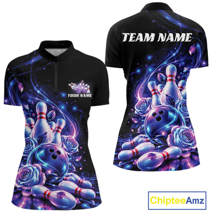 Neon Cosmic Bowling And Roses Custom Women Quarter-Zip Shirt, Bowling League Team Jersey IPHW12858