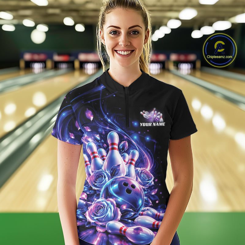 Neon Cosmic Bowling And Roses Custom Women Quarter-Zip Shirt, Bowling League Team Jersey IPHW12858