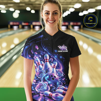 Neon Cosmic Bowling And Roses Custom Women Quarter-Zip Shirt, Bowling League Team Jersey IPHW12858