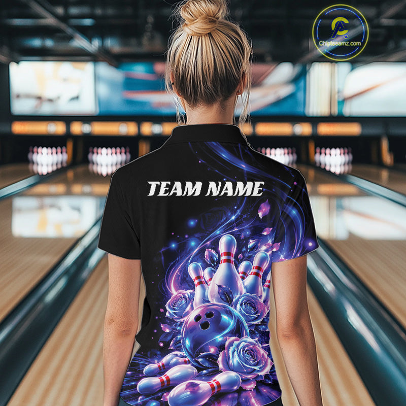 Neon Cosmic Bowling And Roses Custom Women Quarter-Zip Shirt, Bowling League Team Jersey IPHW12858