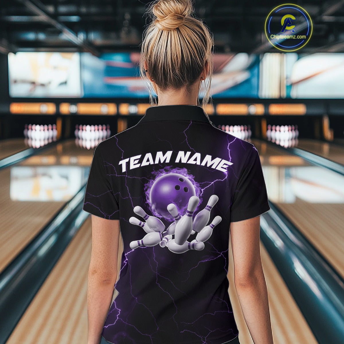 Custom Purple Thunder Lightning Flame Bowling Ball Women Bowling Shirt Bowler Outfit IPHW10671