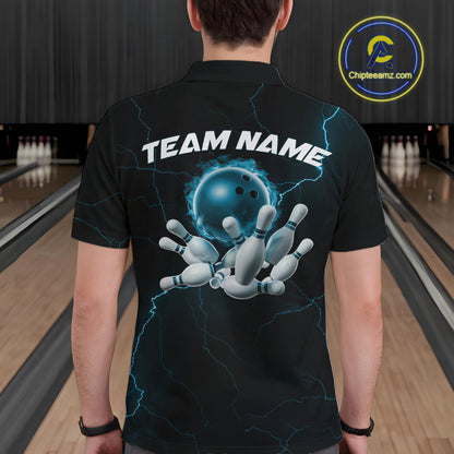 Custom Blue Thunder Lightning Flame Bowling Ball Men Bowling Team Shirt Bowler Outfit IPHW10674