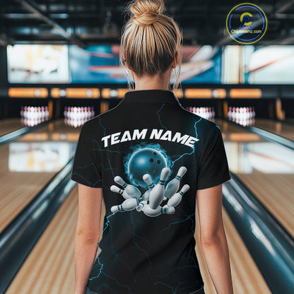 Custom Blue Thunder Lightning Flame Bowling Ball Women Bowling Team Shirt Bowler Outfit IPHW10674