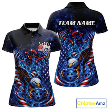 Load image into Gallery viewer, Front and back women’s polo shirt mockup featuring a flaming bald eagle gripping a blue bowling ball with American flag details and blue flames.