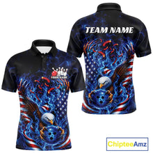 Load image into Gallery viewer, Front and back men’s bowling polo shirt mockup with flaming bald eagle gripping a blue bowling ball, American flag details, and blue flames.