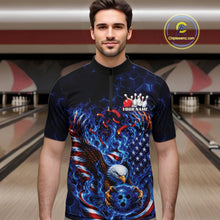 Load image into Gallery viewer, Male model front view at a bowling lane wearing a quarter zip shirt with flaming bald eagle, blue bowling ball, American flag, and blue flames.