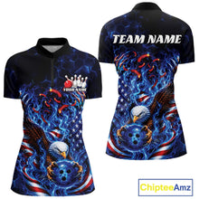 Load image into Gallery viewer, Front and back women’s bowling quarter zip mockup featuring flaming bald eagle artwork, blue bowling ball, American flag details, and blue flames.