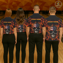 Load image into Gallery viewer, Four people wearing bowling shirts with skull and American flag design on a bowling alley.